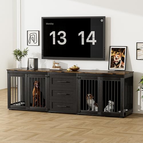 Rophefx 94.5" Dog Crate Furniture for 2 Dogs, Wooden Kennel TV Stand,Black | Indoor double dog house with 3 storage drawers, 4 feeding bowls, lockable doors, and a wide top for large and medium dogs - color: Black