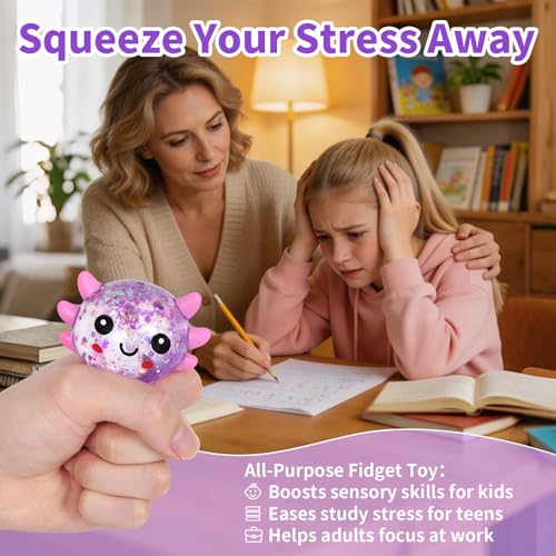 Purple Sitting Axolotl Squeeze Toy, Slow Rising Squishy Toy | Cute Glitter Squeeze Anxiety Pressure Ball, Portable Calming Fidget Toy for ADHD Autism, Gift Box Packed - color: Single Purple Sitting Axolotl