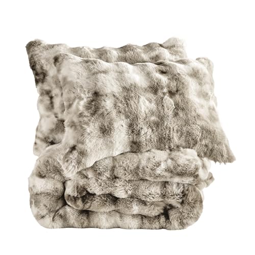 Fredsure Faux Rabbit Fur Comforter Set, 3 Pieces Tie Dye Khaki King, Faux Rabbit Fur Face and Microfiber Reverse - color: Tie Dye Khaki, size: King