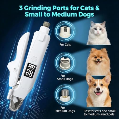 2-in-1 Dog & Cat Nail Clipper and Grinder, LED Light, USB-C | Low-Noise Motor, Safety Lock, Nail Catcher, 3 Grinding Ports and Rechargeable Design for Cats, Small and Medium Dogs