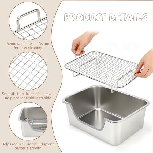 BWOGUE Stainless Steel Rabbit Litter Box, Bunny Litter Box with Hay Feeder | Raised Grid Separates Waste, High Sides Help Reduce Mess, Hay Feeder & Waterer, Easy to Clean, Guinea Pigs & Small Pets - size: S:15.7in ×11.8in × 5.9inches