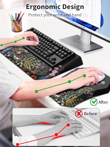 3-in-1 Ergonomic Keyboard Stand with Wrist Rest & Mouse Pad Set, Flower | Comfy Keyboard Riser Holder Soft Mousepad with Massage Design, Memory Foam and Non-Slip PU Base for Pain Relief - color: Black Flower