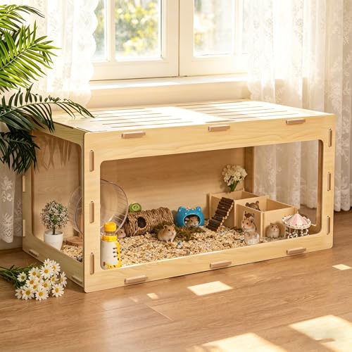 COZIWOW Wooden Hamster Cage 32" Large Small Animal Habitat Enclosure | Chewproof Acrylic Panel, 270° Panoramic View, 32x16x16" Spacious Cage, Ventilated Top, Tool-Free Assembly, Fit Gerbil