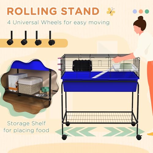 PawHut Two-Story Small Animal Cage Removable from Stand, Guinea Pig Cage with Shelf & Wheels, Pet Habitat for Hedgehog, Chinchilla, Ferret, 33" x 18.5" x 35", Blue | Removable from Stand, Guinea Pig Cage, Pet Habitat for Hedgehog, Chinchilla, Ferret - col