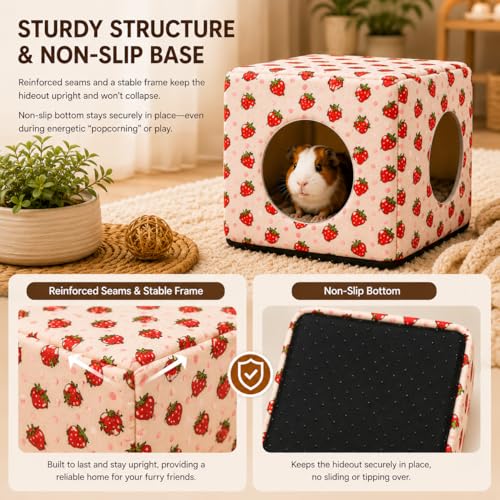 Guinea Pig Hideout House with Removable Cushion, Washable Small Animal Cube Bed, Cozy Bunny Hideaway for Guinea Pigs, Chinchillas, Hedgehogs, Hamsters & Dwarf Rabbits - color: Pink Strawberry