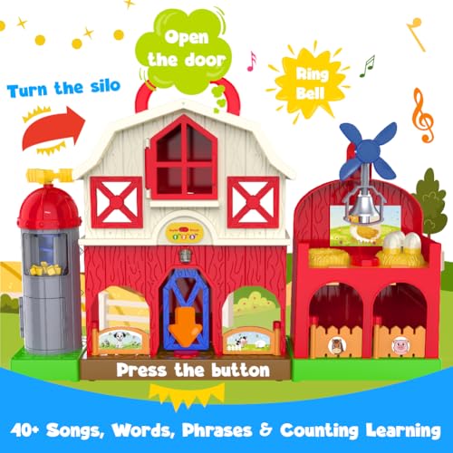 Farm Animal Barn Toys for Toddlers 1-3, Red Barn Play Farm Set with Animals Sounds Toy, Musical Interactive Preschool Montessori Learning Farm Toys for Kids, Christmas Birthday Gift for Boy Girl - style: Barn Toys