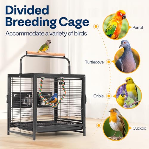 VIVOHOME 19 Inch Wrought Iron Travel Bird Cage for Cockatiel Parakeets | Bird Travel Carrier Cage with Wooden Handle/Perch, Slide-out Tray for Small Parrots Conures Lovebirds Canaries Finches, Black - color: Black