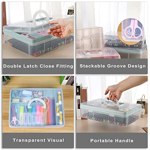 BTSKY 2-Tier Cute Bear Storage Box with Removable Divided Tray Portable Clear Plastic Art Craft Supply Organizer Stackable Home Office Supplies Storage Container for Pens Notes A4 papers etc (Blue) - color: Blue