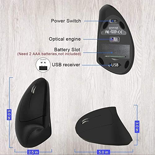 Ergonomic Left-Handed Wireless Vertical Mouse, 2.4G, 3 Adjustable DPI (800/1200/1600), Specially for Left Handers - color: Black - Left Hand - Battery