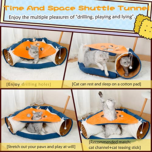LEFTSTARER 2-in-1 Collapsible Cat Tunnel for Indoor Bed and Hideout - Pet Dog Rabbit Bunny Ferret Tunnel Tubes Toys with Removable Washable Mat, Tower Wheel Stuff - color: 4.Cat Paw Print Blue