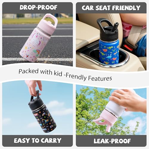 14 Oz Kids Water Bottle, Stainless Steel Water Bottle with Straws, Leak-Proof, BPA-Free, Insulated Water Bottles for School Boys & Girls|Black Car - color: Black cartoon car
