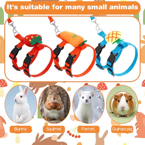 3PCS Adjustable Bunny Rabbit Harness and Leash Set, Small Pet Cute Vest Harness Leash with Decoration, Guinea Pig Harnesses for Ferret, Kitten, Puppy, Rat, Squirrel (Strawberry, Carrot, Pineapple)