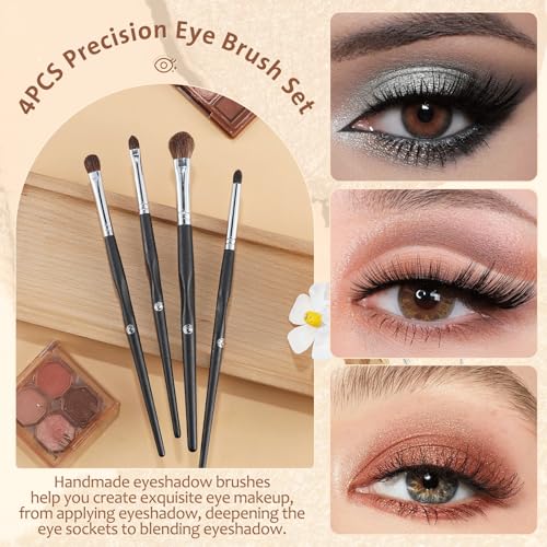 ENERGY Eye Makeup Brush Set 4PCS Professional Eyeshadow Blending Brushes Kit for Eyes Liquid Cream Powder Makeup Up Soft Fluffy Natural Goat Hair for Shader,Smudge,Crease Applicator with Travel Cover - style: Essential Black-4pcs