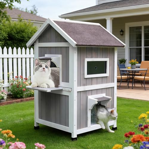 Rockever 2-Layer Outdoor Cat House, Weatherproof Wooden Outside Cat Shelter | Weatherproof grey wooden shelter with escape door, roomy resting spaces and secure protection for feral and outdoor cats