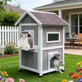 Rockever 2-Layer Outdoor Cat House, Weatherproof Wooden Outside Cat Shelter | Weatherproof grey wooden shelter with escape door, roomy resting spaces and secure protection for feral and outdoor cats