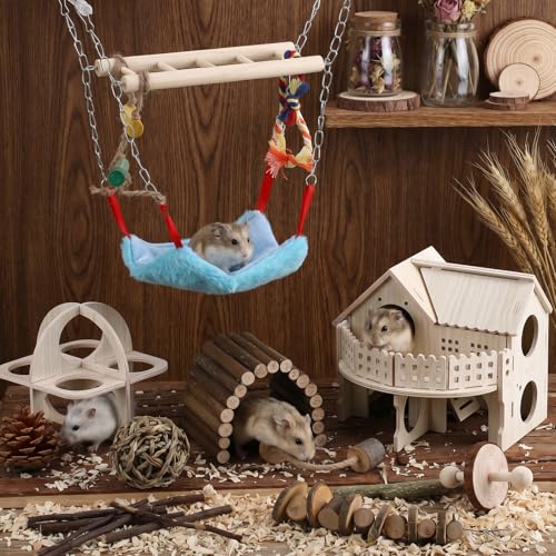 11 Pcs Hamster Cage Accessories Guinea Pig Toys Set, 9.5 Inch Silent Gerbil Wheel Wooden Hideout Chew Toys Bridges Tunnels for Dwarf Hamster Mouse