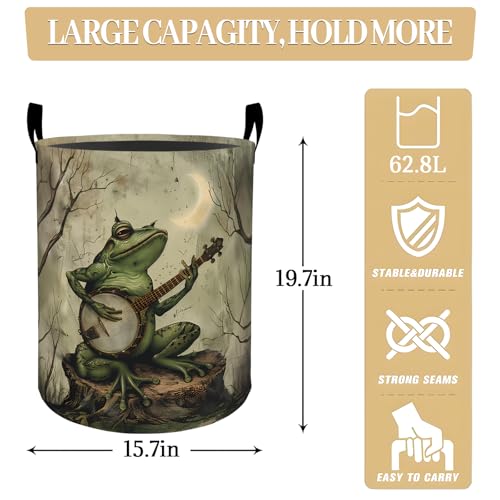 Frog Playing Banjo under Crescent Moon Laundry Basket, Dorm Nursery Foldable Laundry Hamper Organizer for Bathroom Decor, Toy Clothes Storage Box for Bedroom 19.7x15.7 Inch - style: Frog19