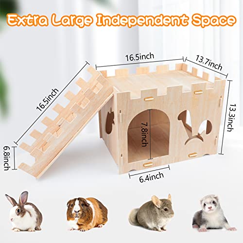 BWOGUE XL Wooden Rabbit Hideout Castle, Bunny House Wood for Small Animals | Extra Large Wooden Bunny Hideout, Wooden Rabbit Hideaway, 2-Story Castle with Ladder, Dual Doors, Detachable for Storage - style: Modern
