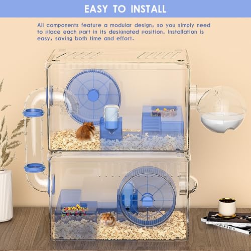 Hamster Cage,Clear Modular Habitat with Tube for Dwarf Hamster | 15.74"x10.03"x19.29", expandable hamster enclosure with small animal cage design, wheel, bottle and bathroom set included