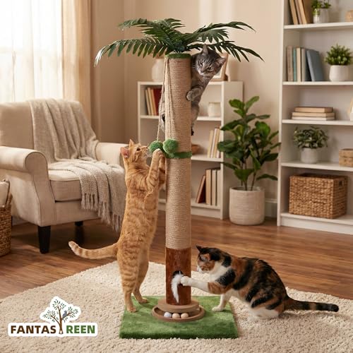 Fantasreen Cat Scratching Post 35'' Tall with Toy Mouse for Indoor Cats, Green - color: Palm Tree-35 inch