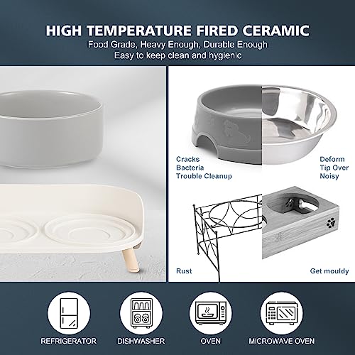 Raised Cat Food and Water Bowl Set - Elevated Ceramic Dishes with Non-Slip Stand and Splash Guard for Small Dogs - 2 x 320 ML (4.9 OZ) - Grey - color: Grey, size: Small