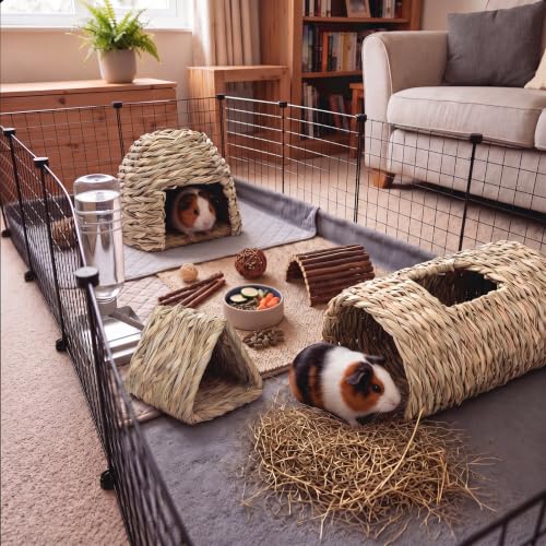 3 Pcs Guinea Pig Natural Grass Tunnel Set - Bunny Hideout House & Explore Tube, Winter Warm Small Animal Hideaway Toys for Syrian Hamsters Rats Chinchillas