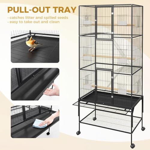 69 Inch Tall Parrot Cages for Large Birds, Three-Level Rolling Parakeet Cage with Storage Shelf Perches Feed Bowls, Bird Flight Cage, Large Bird Cages for Parrots Macaws Conures Cockatiels Parakeets
