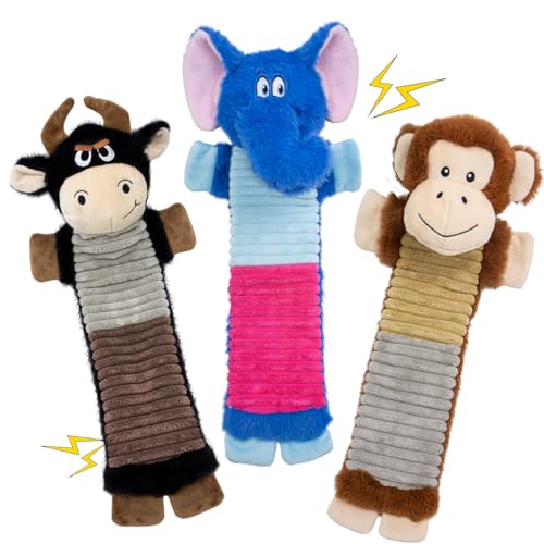 No Stuffing 3 Pack Dog Squeaky Toys, Chew with Crinkle to Large Puppy | Interactive to Keep Pets Busy, Durable Plush Pet Teething Toys, Toss, Fetch, Tug of war Play, Best Birthday Holiday Gift - color: Blue,balck,khaki