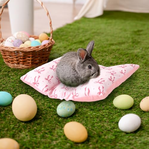 JarThenaAMCS 14.6x14.2 in Rabbit Bed Thickened Soft Bunny Concave Bed Pink Bow Reusable Cuddle Cushion Plush Mat Small Animal Washable Mat Pillow for Guinea Pig Hamster Chinchilla Ferret Accessory