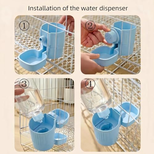Automatic Rabbit Feeder and Water Dispenser Set,54oz Gravity Food Feeder&17oz Leak-Proof Water Bottle for Guinea Pigs,Hamsters,Chinchillas,Ferrets, Small Animals,Cage Mount Feeding Station Blue