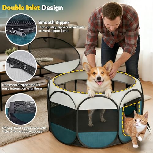 Portable Pet Playpen for Cat Dog: Foldable Cat Playpen Enclosed Up to 40lbs | Large Pop Up Indoor Outdoor Kennel for Puppy Kitten, Carry Case, Removable Zipper Top, 600D Oxford, Waterproof Base, Camping - style: L [44.9" × 44.9" × 22.8"]