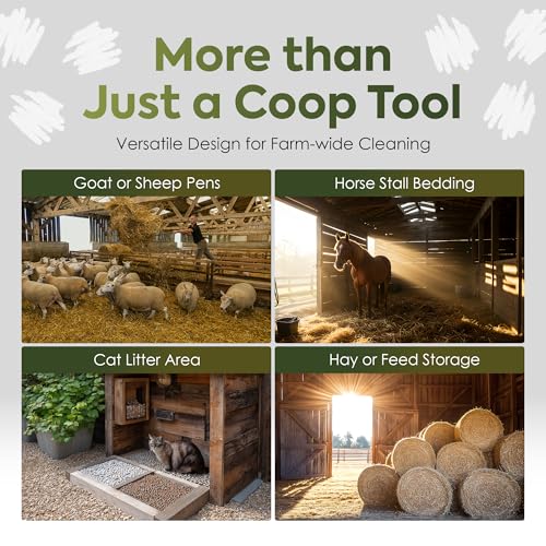 2-in-1 Chicken Coop Poop Scooper and Rake - Metal Sand Sifting Litter Scoop Shovel with Angled Basket and Micro-Sized Diamond Mesh to Catch the Smallest Farm Animal Droppings - Adjustable 12" to 53"