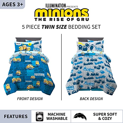 Franco Kids Bedding Super Soft Comforter and Sheet Set with Sham, 5 Piece Twin Size, Minions The Rise Of Gru - color: Minions the Rise of Gru, size: 5 Piece Twin Size