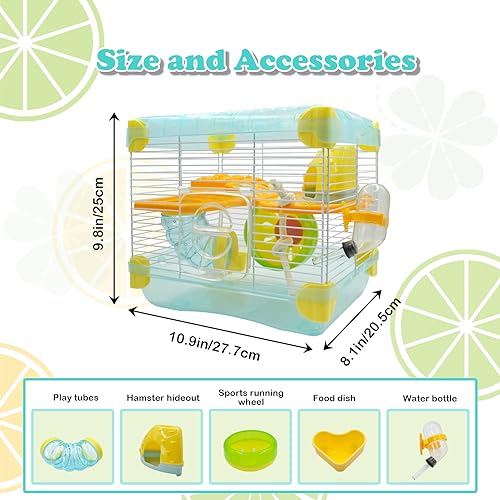 2 Layers Hamster Cage with Tubes Mouse Cage with Accessories Water Bottle Food Dish Transparent Hamster Habitat with Exercise Wheel for Hamster Guinea Pig Gerbil (10.9" x 8.1" x 9.8" Blue) - color: 【Blue】