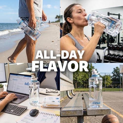 Cirkul 62oz Plastic Half Gallon Water Bottle with Handle - Large Reusable Gym Water Bottle & Leak Proof Lid - 3 Electrolyte Flavor Cartridges Included (FitSip Mixed Berry, FitSip White Cherry, Flyte Last Drive) - size: 62oz. Bottle + 3 Cartridges