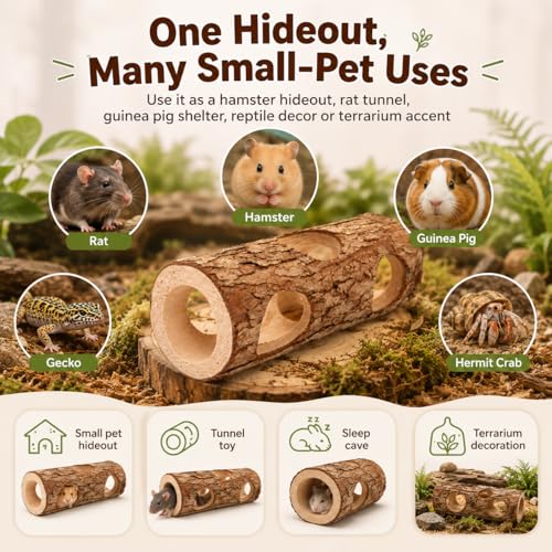 Toddmomy Wooden Hamster Hideout Tunnel for Small Animals 5.90X2.36X2.36In Rat and Guinea Pig Shelter Tube Habitat Safe Play and Rest Space