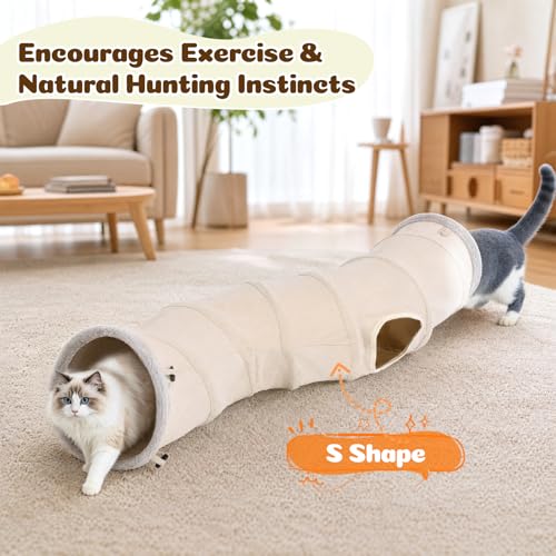Ownpets S-Shape Cat Tunnel Toy 48"L x 12"D, for Cats, Puppies & Small Pets | Collapsible for storage, tear-resistant oxford fabric, connects to other tunnel, with peek hole, feather wand, indoor/outdoor - size: 12 Inches in Diameter
