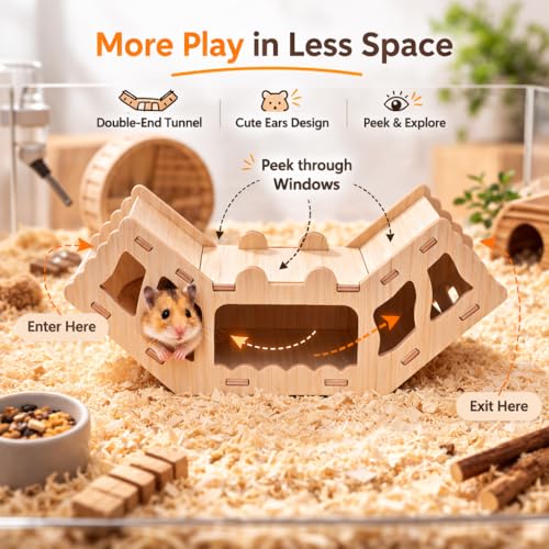 Wooden Hamster Tunnel Toy – Natural Chewable Hideout for Syrian, Dwarf Hamsters and Small Pets, Cage Decor and Play Accessory