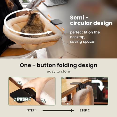 Cat Desk Bed One-Click Folding Maximum Holds 40lb, Cream Fur | Sunken Design & Space-Saving Semi-Circular Cat Bed, Soft Faux Rabbit Fur Material, Suitable for Various Desktops - color: Cream