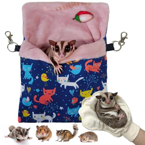 Sugar Gliders Sleeping Pouch Bag Hamster Cotton Hanging Flannel Warm Bed Hideout with Hooks Glove Small Pet Nest Bed for Squirrel Rat Hedgehog,Blue - color: Blue