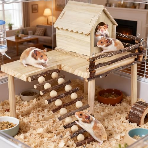 Wooden Hamster House and Platform, Hamsters Platform with Ladder, Hamster Cage Accessories, Cute Small Pets Toy for Hiding Sleeping Activities Habitat Decor