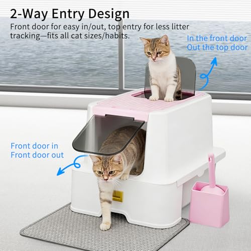 RIZZARI Covered Litter Box for Indoor Cats: Pink, Drawer, Easy Clean | Built-In Deodorizer Spray / Spacious for Large Cats / Stainless Anti-Odor / Pull-Out Drawer / Includes Scoop & Mat - color: Light Pink