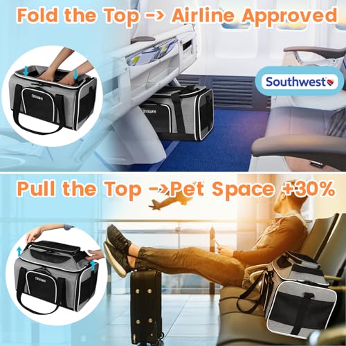 Top-Expandable Small Pet Carrier 18"x13"x9.5" Airline Approved | for Southwest Airlines, Lockable Safety Zippers and Anti-Scratch Mesh, Soft-Sided, Pets Under 10 Lbs, Grey - color: Grey, size: 18.0"L x 13.0"W x 9.5"H