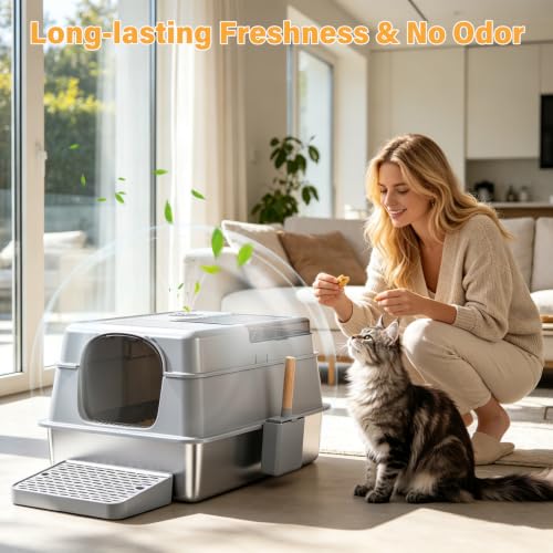 XXXL Stainless Steel Litter Box with Lid, Enclosed Metal Cat Litter Box | Extra Large Litter Boxes for Big Cat, Multiple Cats,Odor Control,Anti-Leakage, Includes Scoop & Pedal,27.75 x 19.75x 15.7 - size: XXX-Large-Enclosed