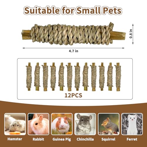 Fhiny 12 PCS Rabbit Chew Sticks, Natural Papaya Wood Seagrass Guinea Pig Chew Toys for Teeth Small Animal Molar Sticks Snacks for Bunny Guinea Pig Chinchilla Ferret Hamster Gerbil Dental Care