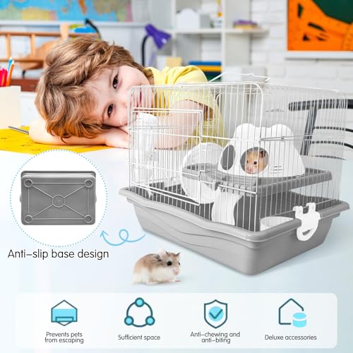 PINVNBY Dwarf Hamster Cage, Small Animal Cages, 2-Tier Travel Portable Mouse Cage Hamster Carrier with Castle House Running Exercise Wheels, Water Bottle and Food Dish（Gray） - color: Gray, size: L: 13.78x10.23x11.02in