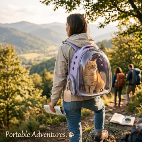Expandable Cat Carrier Backpack with Bubble Window, Purple | Breathable mesh, anti-collapse frame, side door, safety leash and escape-resistant zippers for vet visits and outdoor travel. - color: Purple