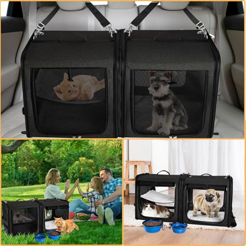 Extra Large Cat Carrier for 2 Cats with Travel Litter Box, 2-in-1 Foldable Soft Pet Car Travel Carrier with Zipper Locks for Multiple Cats Small Dogs Up to 45 Lbs, Black - color: Black