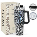40 oz Tumbler with Handle and Straw, 100% Leak-Proof Travel Mug, Stainless Steel Double Wall Vacuum Insulated Coffee Cup Keeps Cold For 34 Hours, Dishwasher Safe, Black Leopard - color: Black Leopard