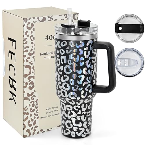 40 oz Tumbler with Handle and Straw, 100% Leak-Proof Travel Mug, Stainless Steel Double Wall Vacuum Insulated Coffee Cup Keeps Cold For 34 Hours, Dishwasher Safe, Black Leopard - color: Black Leopard